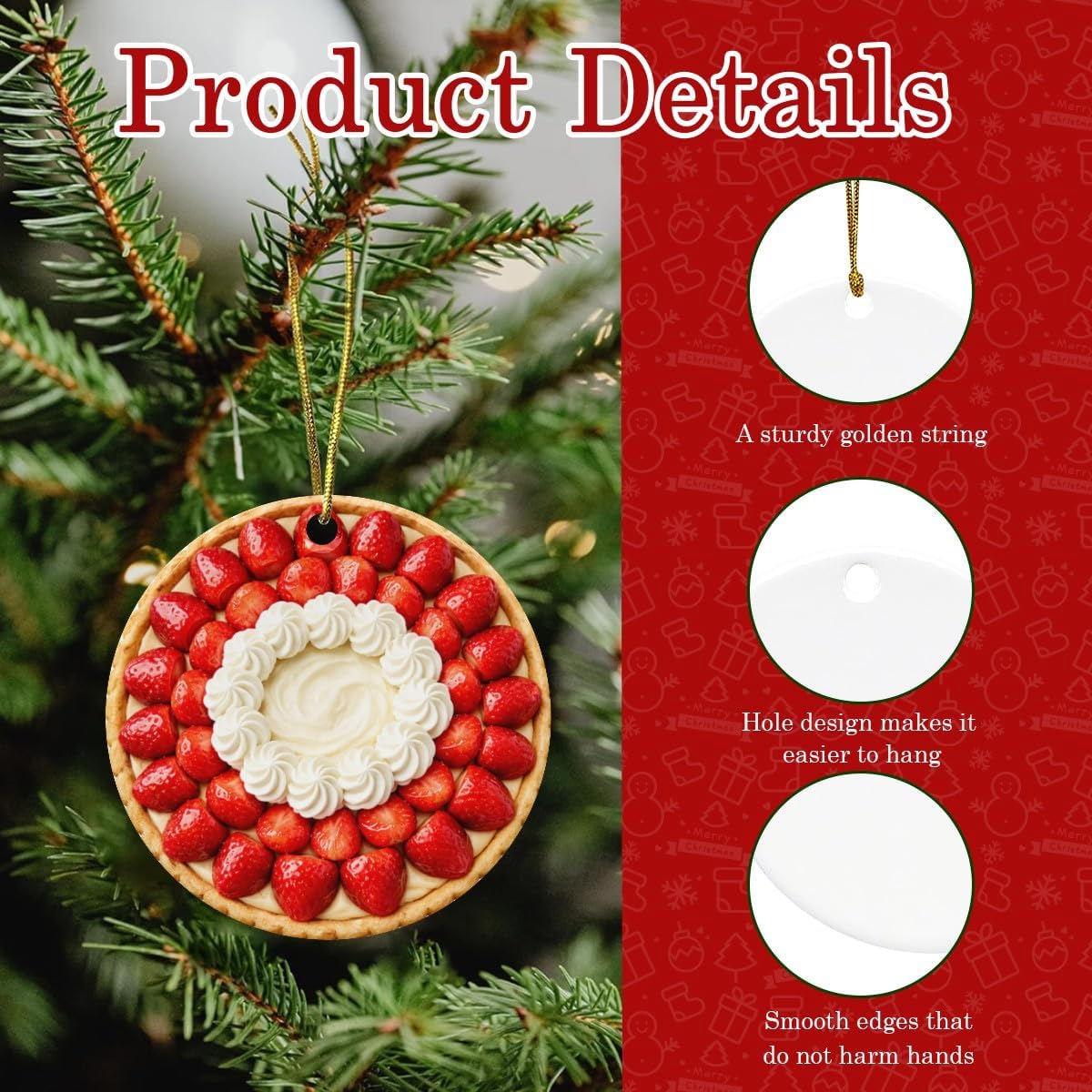 Strawberry & Cream Tart Torte Pie Dessert Personalized Food Flat Printed Image on Ceramic Ornament – NOT 3D, Custom Text Back, Christmas Ornament