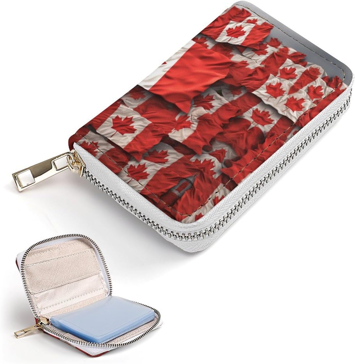 Leather Card Organizer Case Card Wallet Credit Card Holder Canadian Flag Printed Zipper Card Cases Holder for Women Men
