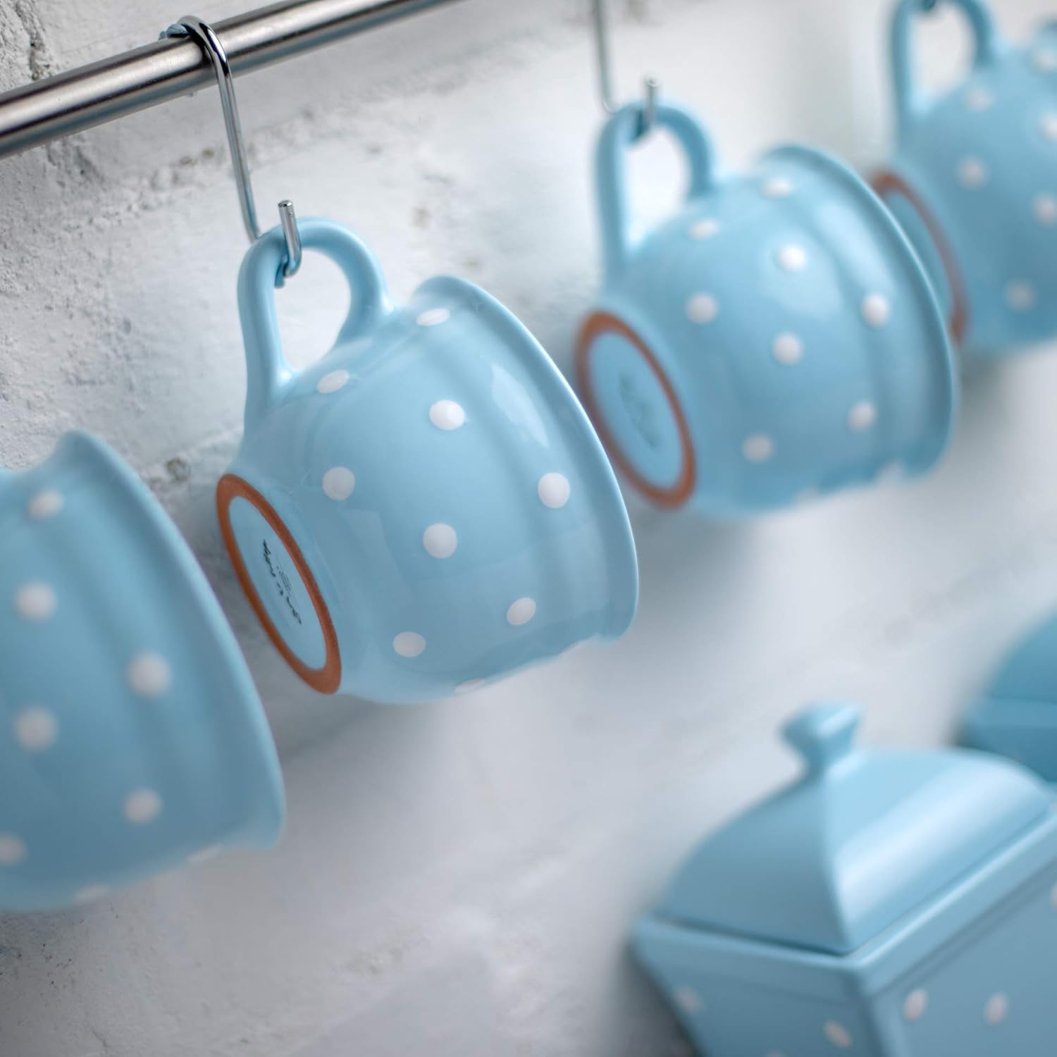 Black Friday - 70% OFF Handmade Light Sky Blue and White Polka Dot Large Ceramic 12oz/350ml Cappuccino Coffee Tea Cup and Saucer, Unique Designer Pottery Gift for Tea Lovers by City to Cottage®