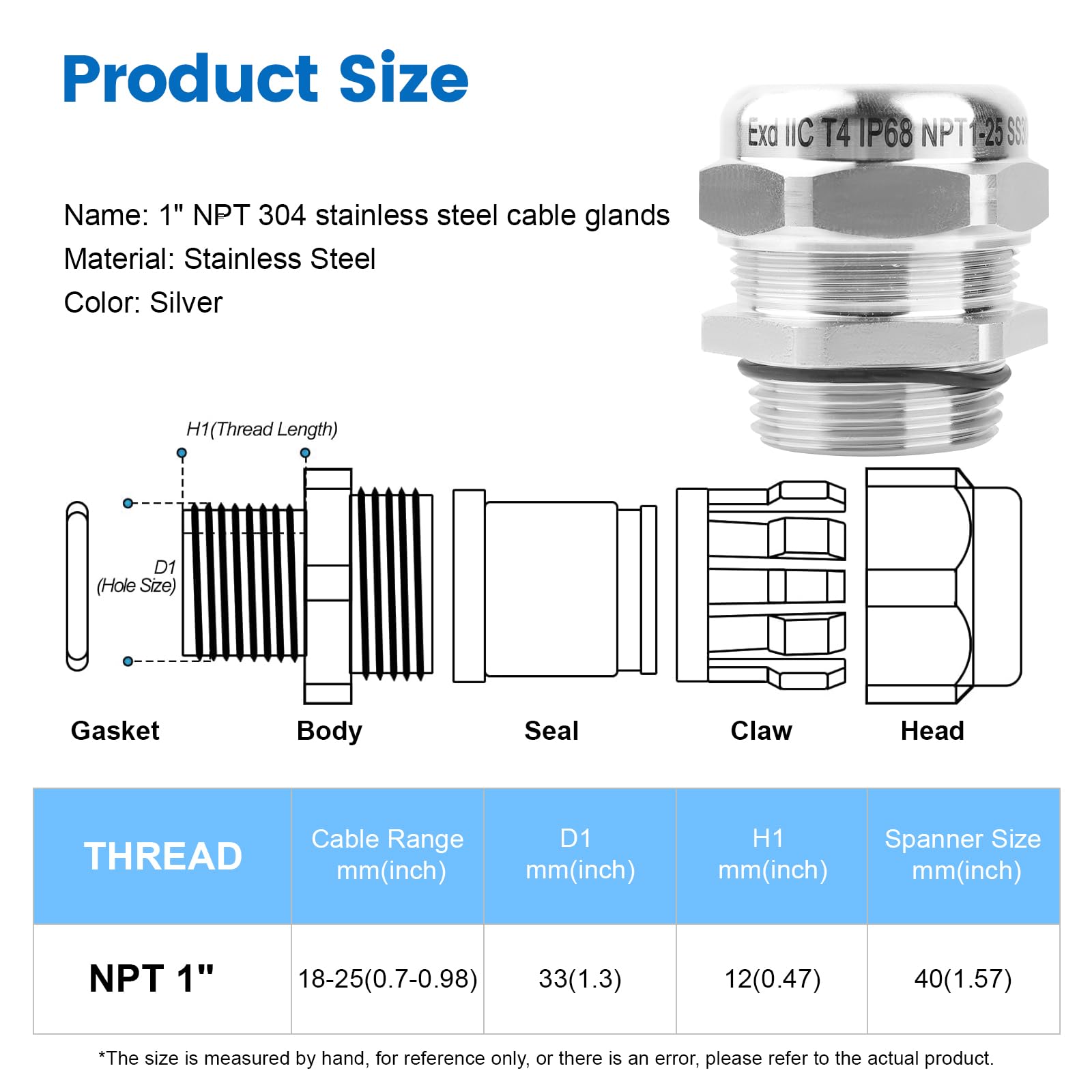 Pressacavo impermeabile in acciaio inox NPT da 2,5 cm, pressacavo regolabile impermeabile IP68, connettori per cavi con guarnizioni e dado di bloccaggio per cavi di diametro 18-25 mm