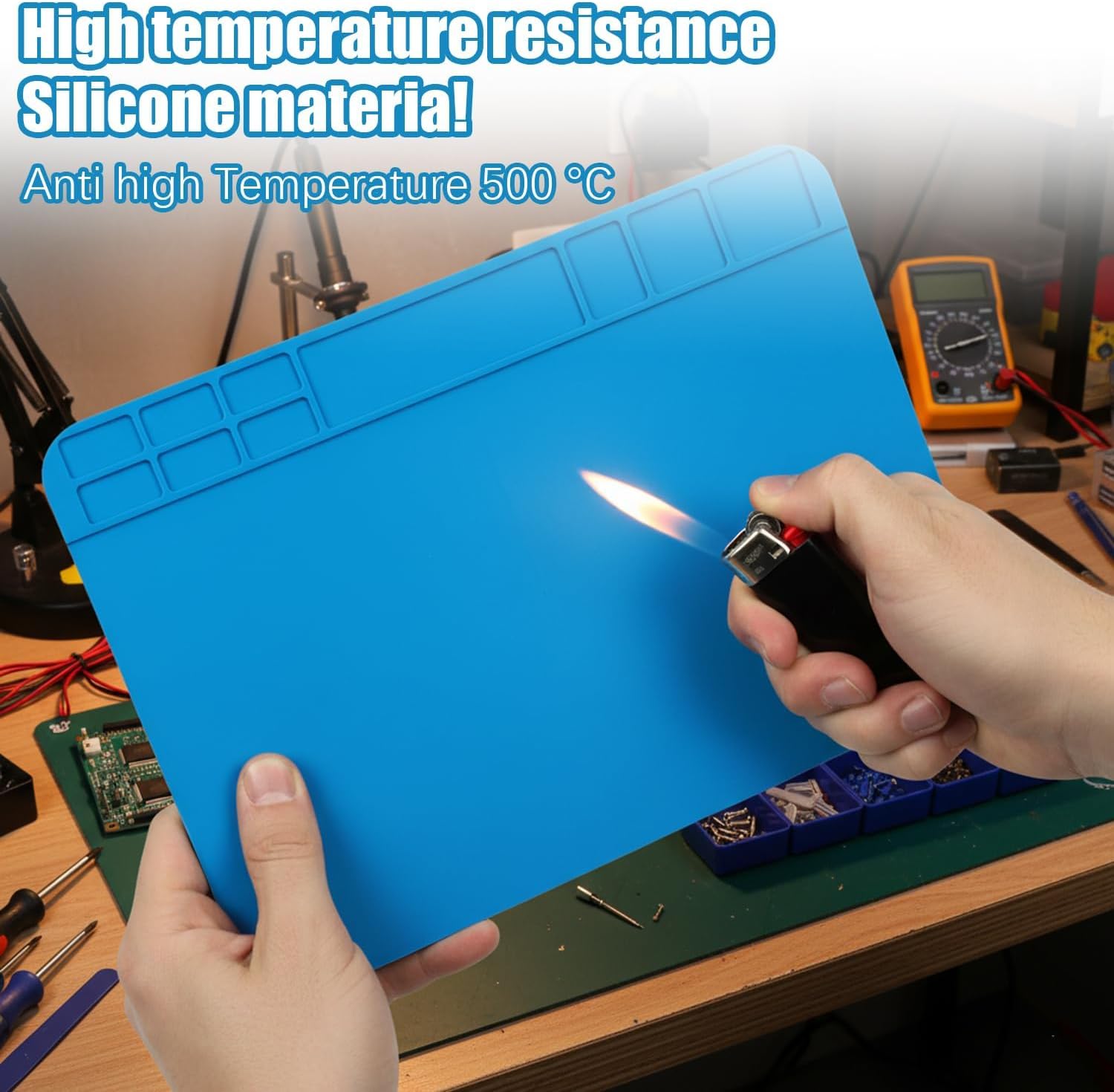 ESD Safe Soldering Mat, 2 Pcs 12”x8” Large Heat Resistant Repair Mat up to 932°F, Silicone Workstation with Grid for Phone, Laptop, Watch, BGA Electronics Repair (Blue)