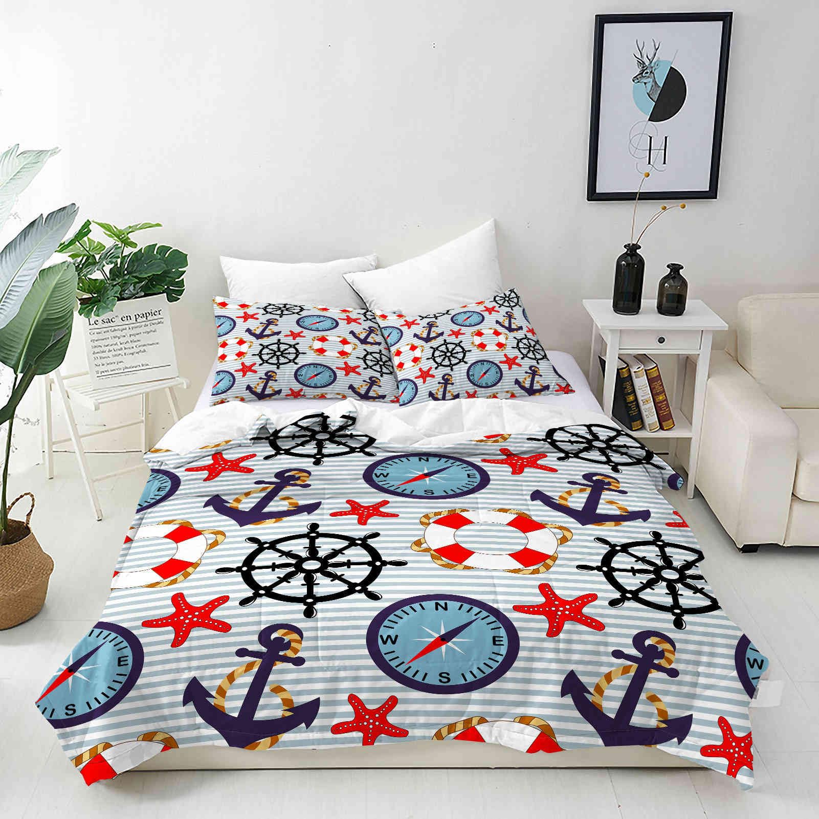 ANHOPE Custom Bedding Set Personalised Size Duvet Cover & Pillowcase Nautical Ocean Compass Anchor Rudder Lifebuoy Printed Pattern Customized Quilt Cover for Kids Couple Family Birthday Wedding