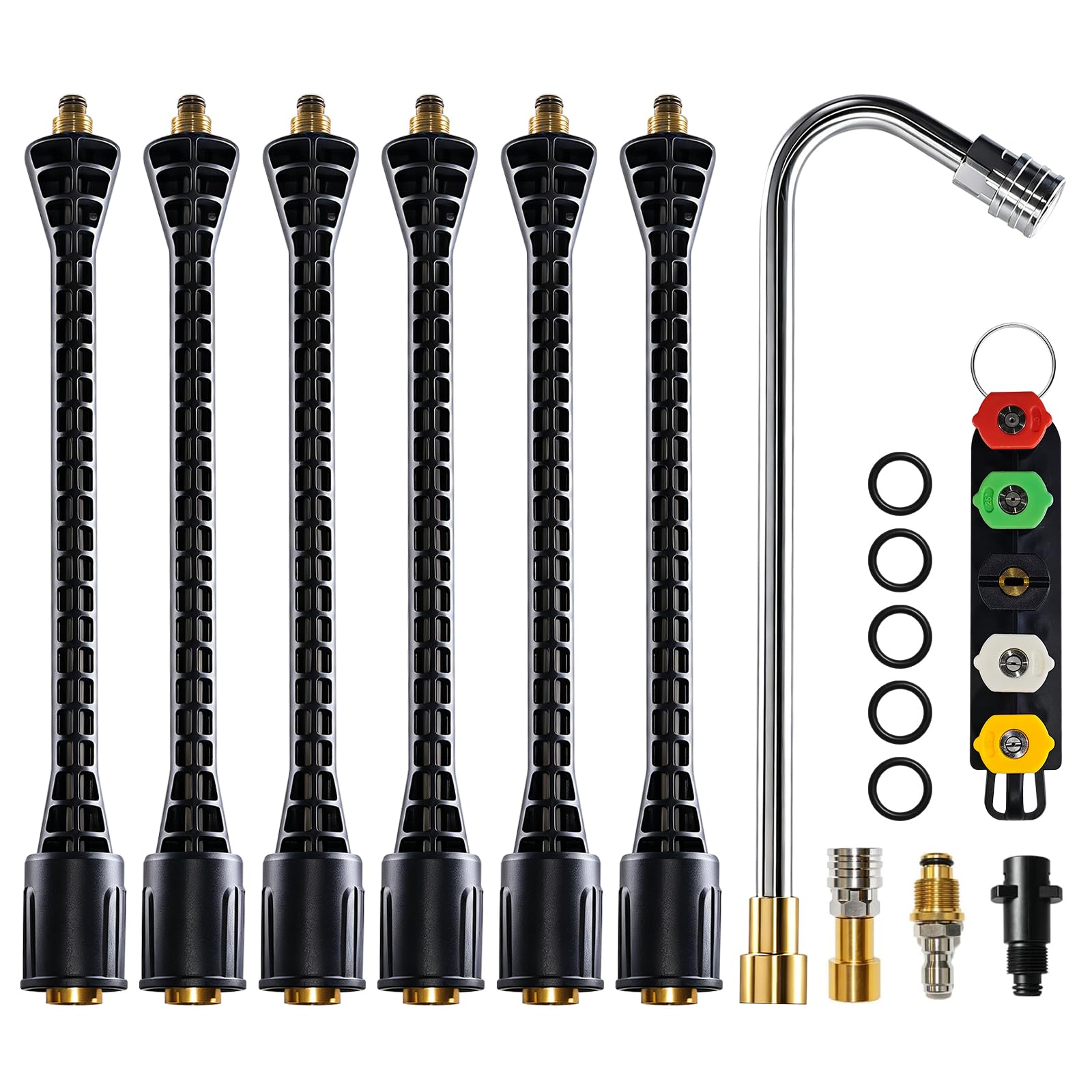 DERASL 4000PSI Varilla Extensión Alta Presión, 6 Packs Herramienta Limpieza Canalones Varilla Extensión con 5 Boquillas, Conexión Rápida 1/4", Adaptadores Plástico