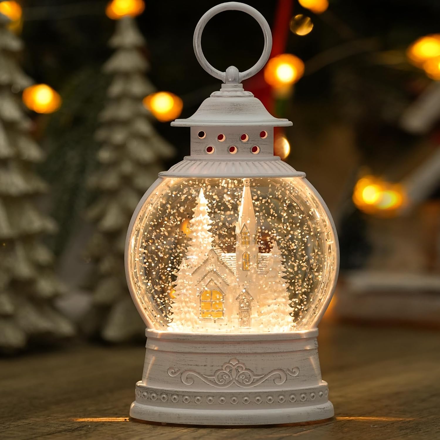 Christmas Church Snow Globe, Musical Snow Globe Lantern with Swirling Glitter, White Christmas Tree Churches, USB & Battery Operated Light-Up Christmas Decorations Indoor for Home