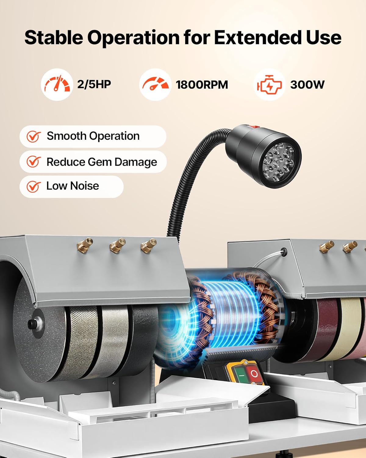 VEVOR Cabbing Machine, 6" 2/5 HP 1800 RPM Efficient, Lapidary Rock Grinder Polisher with Diamond and Resin Wheels, LED Lamp, Water System, Lapidary Equipment for Gemstone Grinding, Stone Polishing