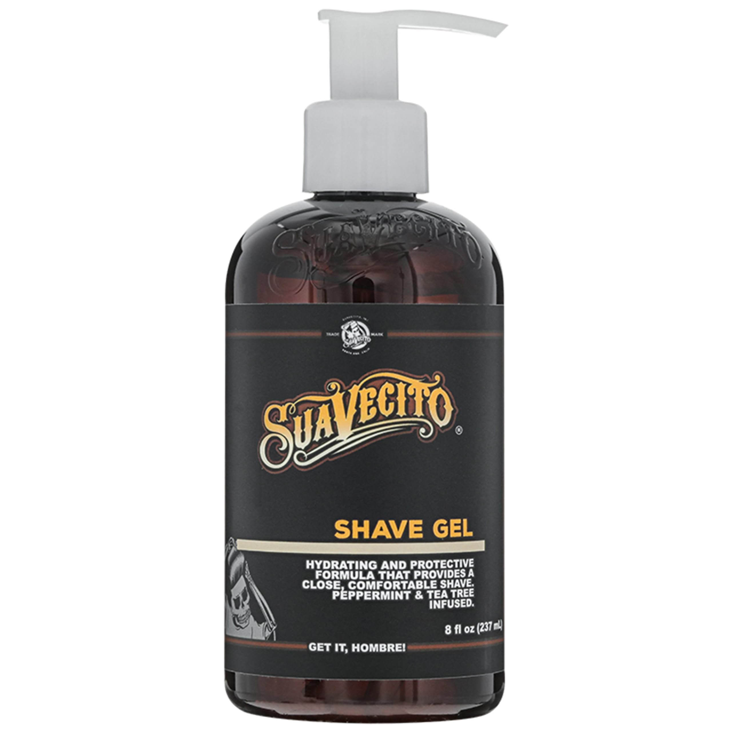 Suavecito Shave Gel 8 oz. Pump Bottle, Peppermint and Tea Tree Infused, Clear Formula That Hydrates and Protects Skin
