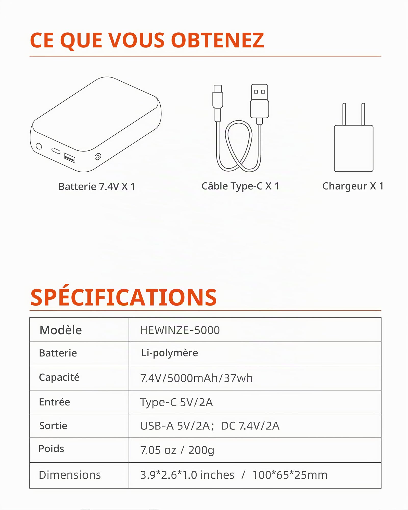 HEWINZE Batterie Rechargeable 7.4V pour Gilets Chauffants, Vestes chauffantes et téléphone Portable