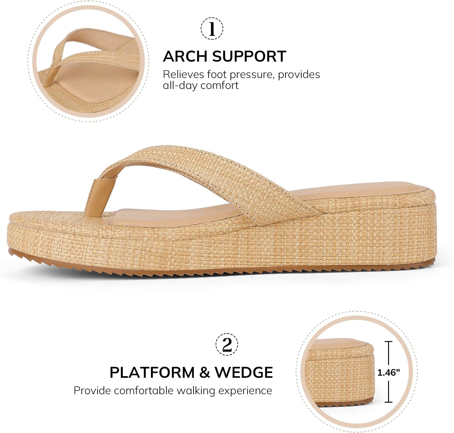 mikarka Women's Raffia Flip-Flops: Thong Style Platform Beach Sandals - Dressy & Casual Low Wedge Vacation Slides for Summer