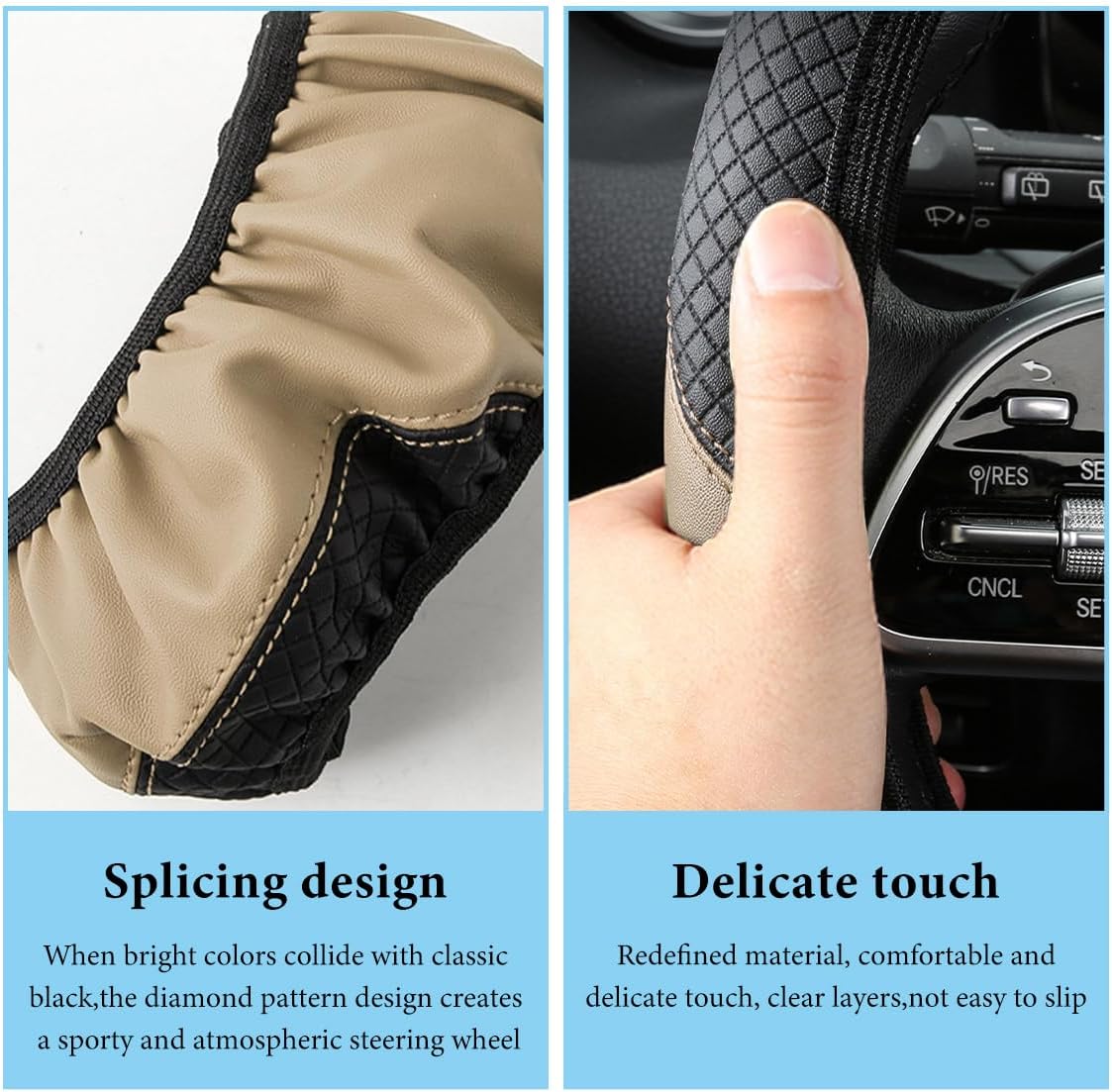 Car Steering Wheel Cover, 15 Inch Anti-Slip Stretch Leather Steering Wheel Protector, Comfortable Breathable Sporty Steering Wheel Cover for Women Men, Car Accessories (Beige, AD) - Image 3