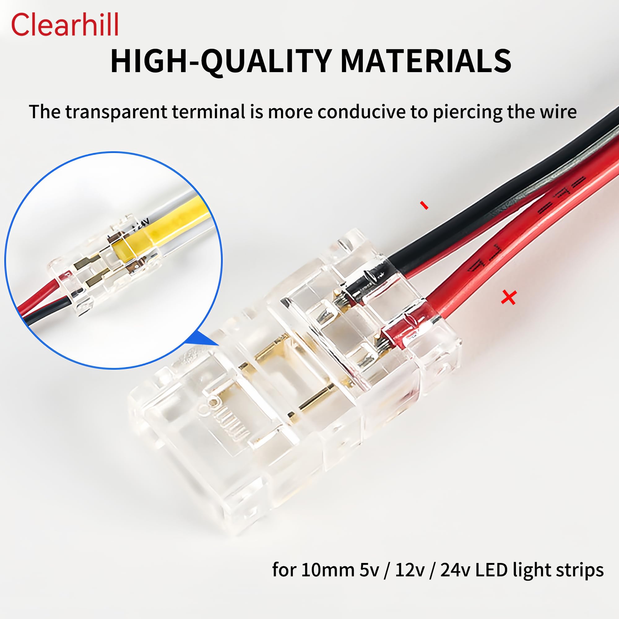 Clearhill 10mm COB LED Strip Connectors,2-Pin 20Packs Solderless Strip to Wire Connectors + 10cm Cable-Gapless Connection for 10mm Single Color COB LED Strips - Image 2