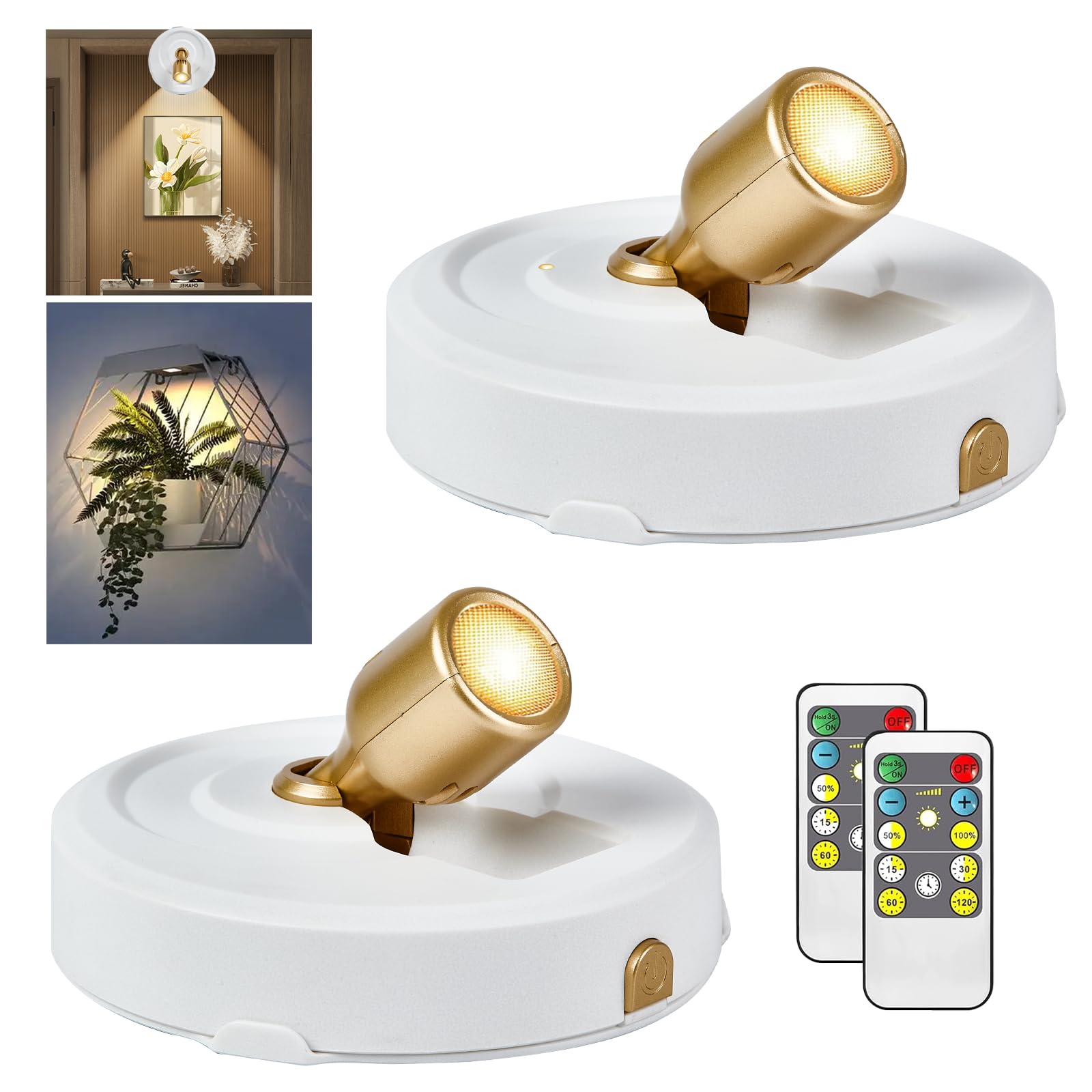 RAHAN 2Pack Battery Operated Spotlight, Picture Light with Remote Dimmable & Timer, Plants Uplighting Picture Lights for Paintings, Small LED Spot Display Lights for Wall Frame Artwork Dartboard