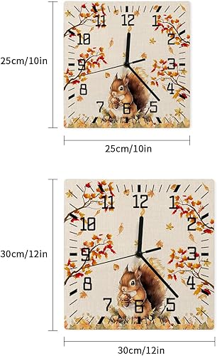 Miniatura 7 de Thanksgiving Wooden Wall Clock Silent Non Ticking, Squirrel Fall Branch Maple Leaves Burlap Square Wall Clock Battery Operated, Decor Clock for Home