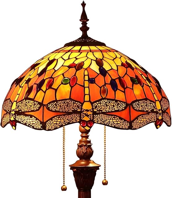 Bieye L30712 Dragonfly Tiffany Style Stained Glass Floor Lamp with 16 inches Wide Handmade Lamp Shade for Living Room Bedroom Home Decoration, 65-inches Tall, Orange