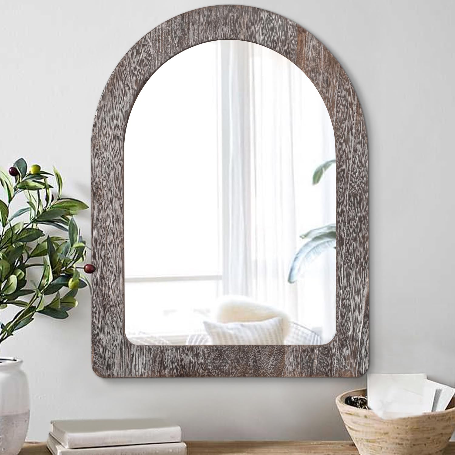 AAZZKANG Mirror Wall Rustic Wood Framed Vintage Arch Mirrors 65x45cm Decorative for Bathroom Bedroom Living Room Entryway Hanging
