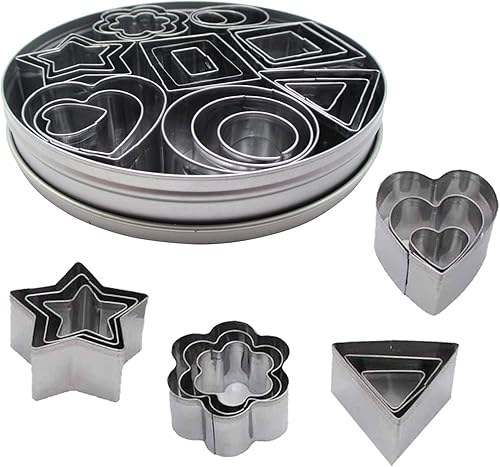 Juego de cortadores de galletas de acero inoxidable (24 piezas) Moldes y sellos de galletas con formas geométricas redondo, estrella, triángulo,