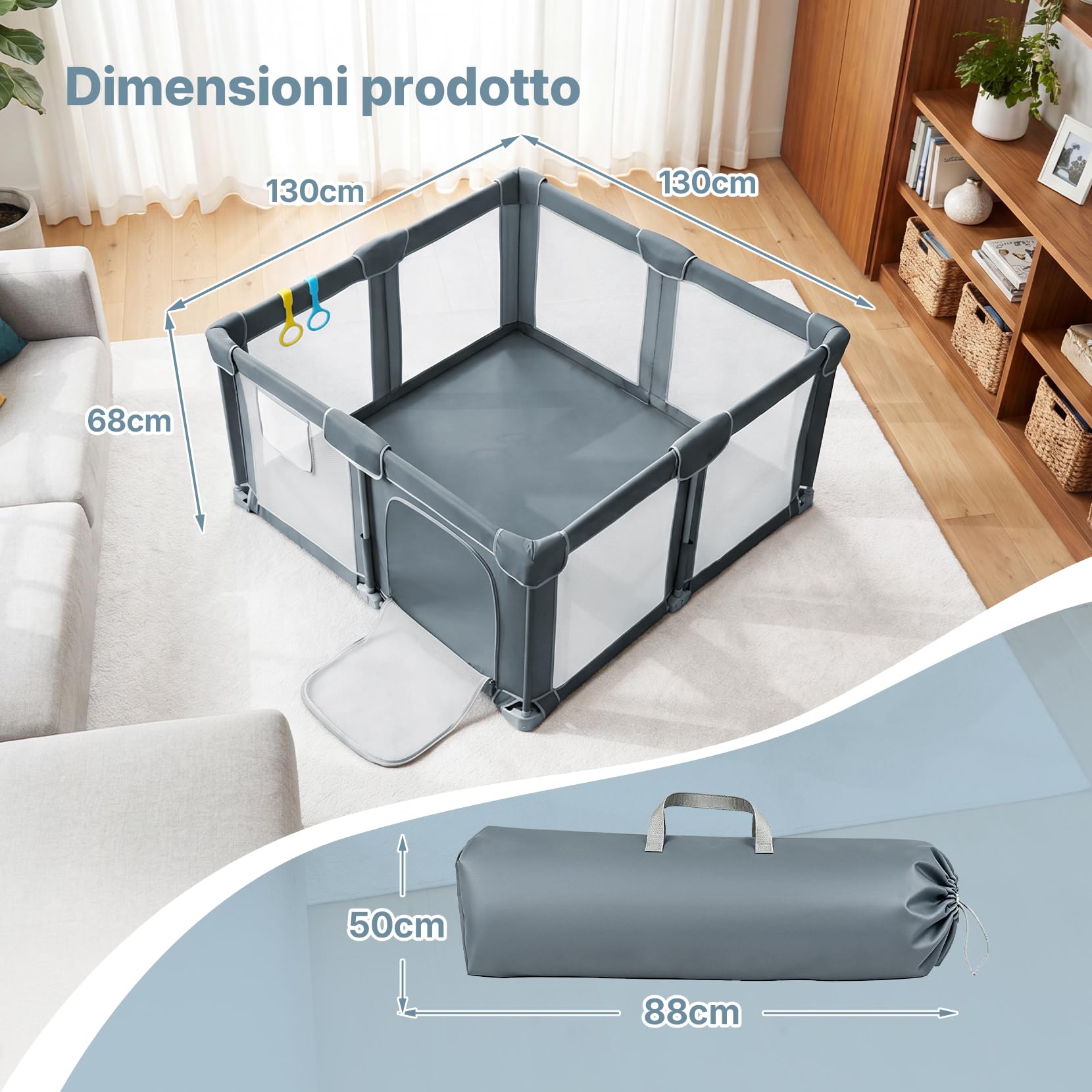 Dripex Box Bambini Pieghevole in Tessuto, 130x130 cm, con Tappeto Imbottito, Recinto Giochi Bebé Grigio Scuro, Area Gioco Protetta per Interno ed Esterno, con Borsa Trasporto, Anelli e Palline
