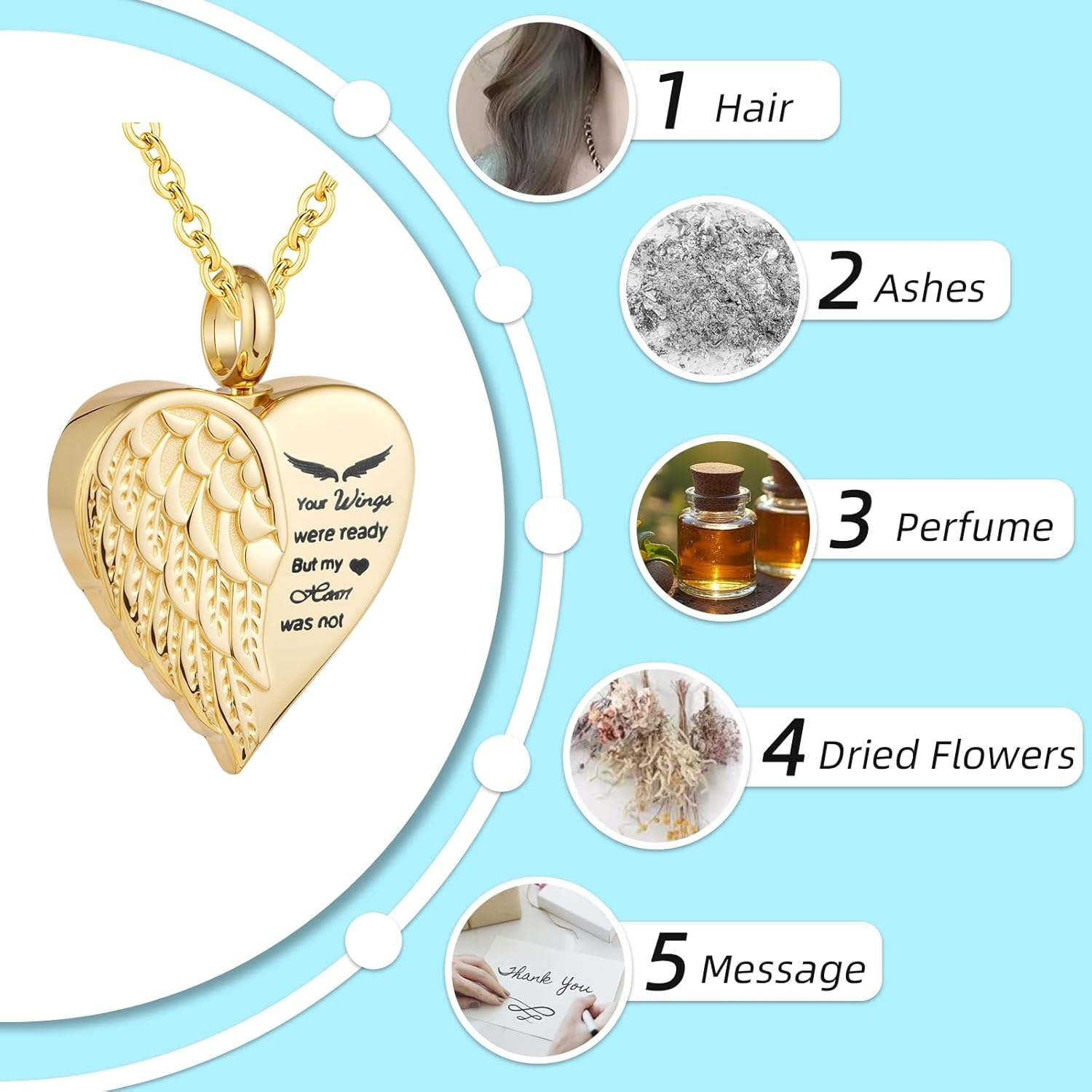 Cremation Heart Urn Necklace Ashes Jewelry for Women Men Angel Wing Urn Locket Ashes with Mini Keepsake Memorial Jewelry - Your Wings were ready But my Heart was not - Image 5