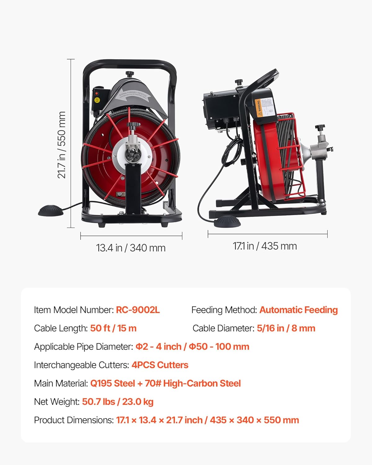 VEVOR Drain Cleaner Machine 50 FT x 5/16 Inch, Auto Feed Sewer Snake Auger with 4 Cutters & Air-Activated Foot Switch for 2" to 4" Pipes