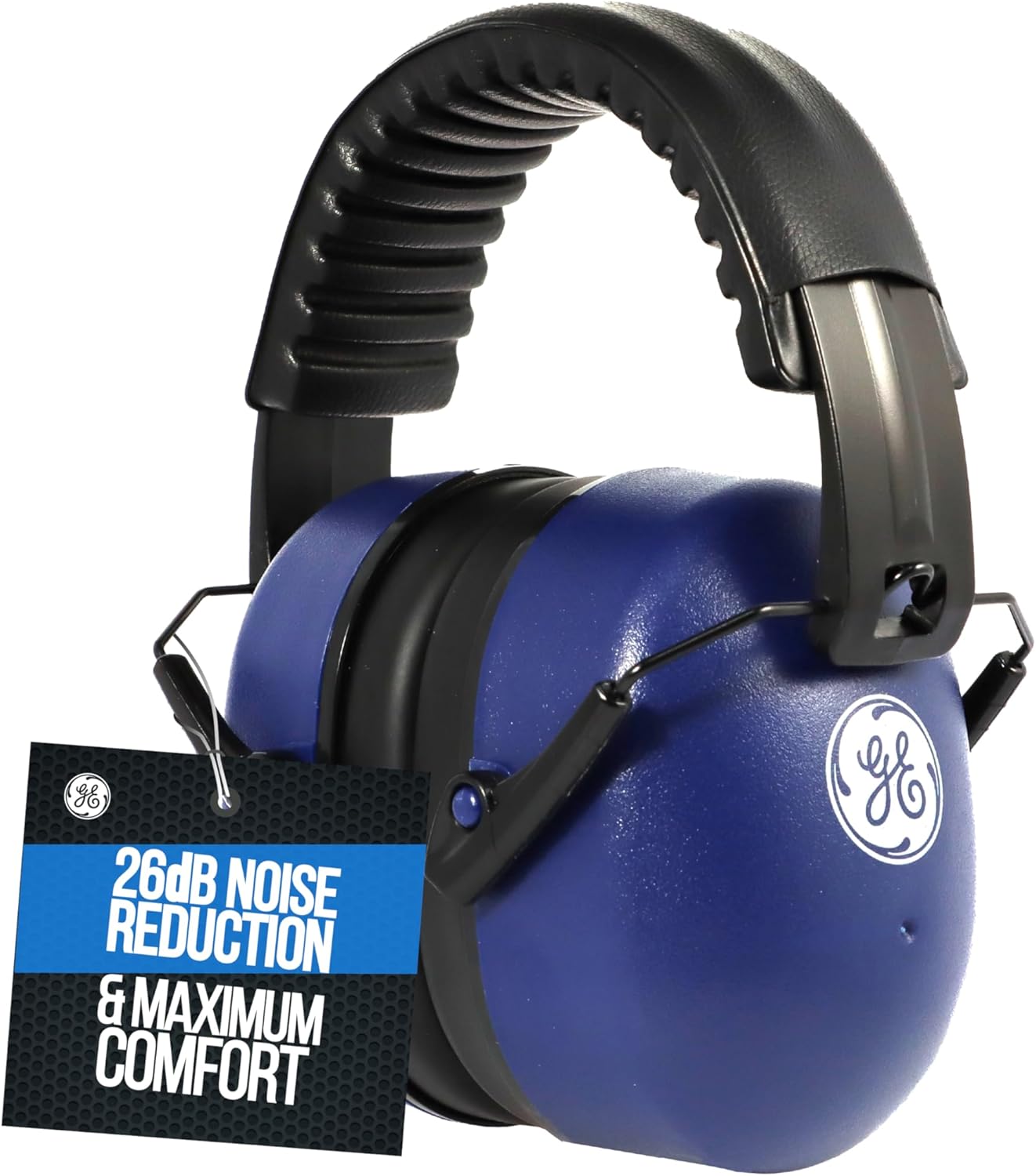 GE Folding Protective Earmuff for Noise Reduction, NRR 26dB Hearing Protection, Adjustable & Sound Proof Earmuffs for Work, Industrial & Construction Noise Protection. ANSI S3.19-1974 (Indigo/Black)