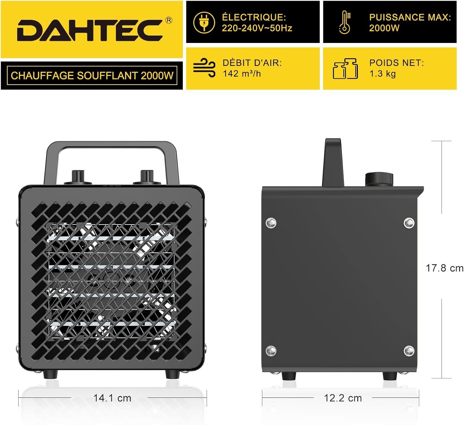 DAHTEC Ceramic Electric Heater dimensions: 14.1 cm depth, 12.2 cm width, 17.8 cm height