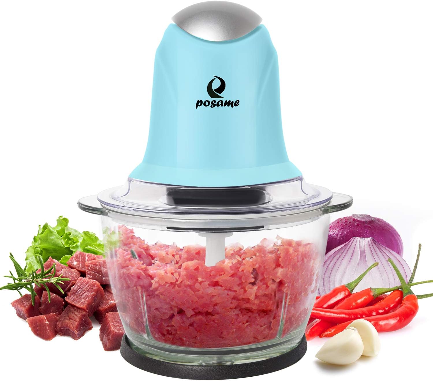 Meat Grinders Electric Food Processor,Mini Kitchen Food Chopper Vegetable Fruit Cutter Onion Slicer Dicer, Blender and Mincer, with 4-Cup Glass Bowl (Blue)