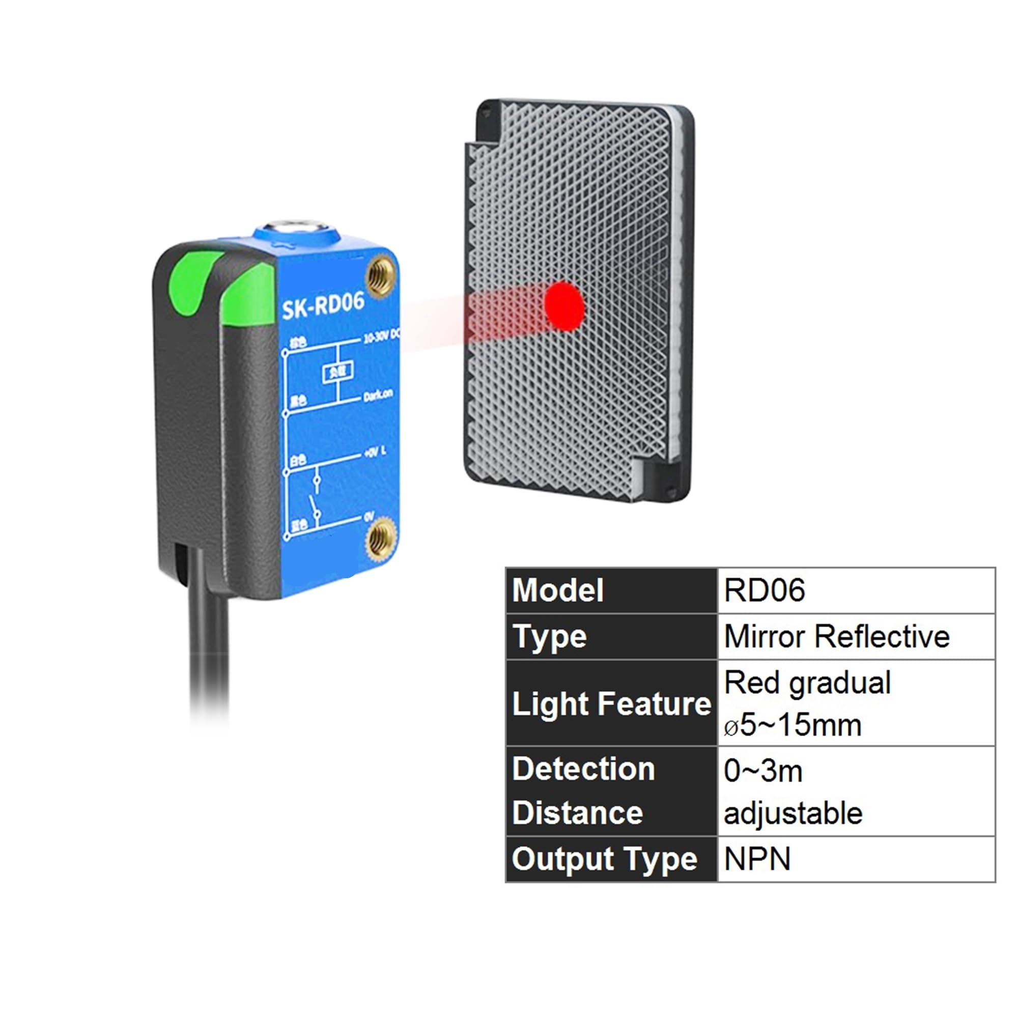 Sensor de Interruptor láser, Reflectante difuso, retrorreflectivo, de Barrera, de 12-24 V y 110-220 V, con luz roja Visible Ajustable.(RD06)