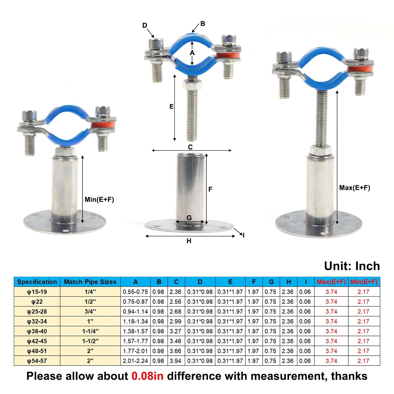 4 supporti per tubi in acciaio inossidabile 304, montaggio a soffitto, morsetto regolabile con viti, adatto per tubi OD 38-40 mm, altezza regolabile 50-100 mm