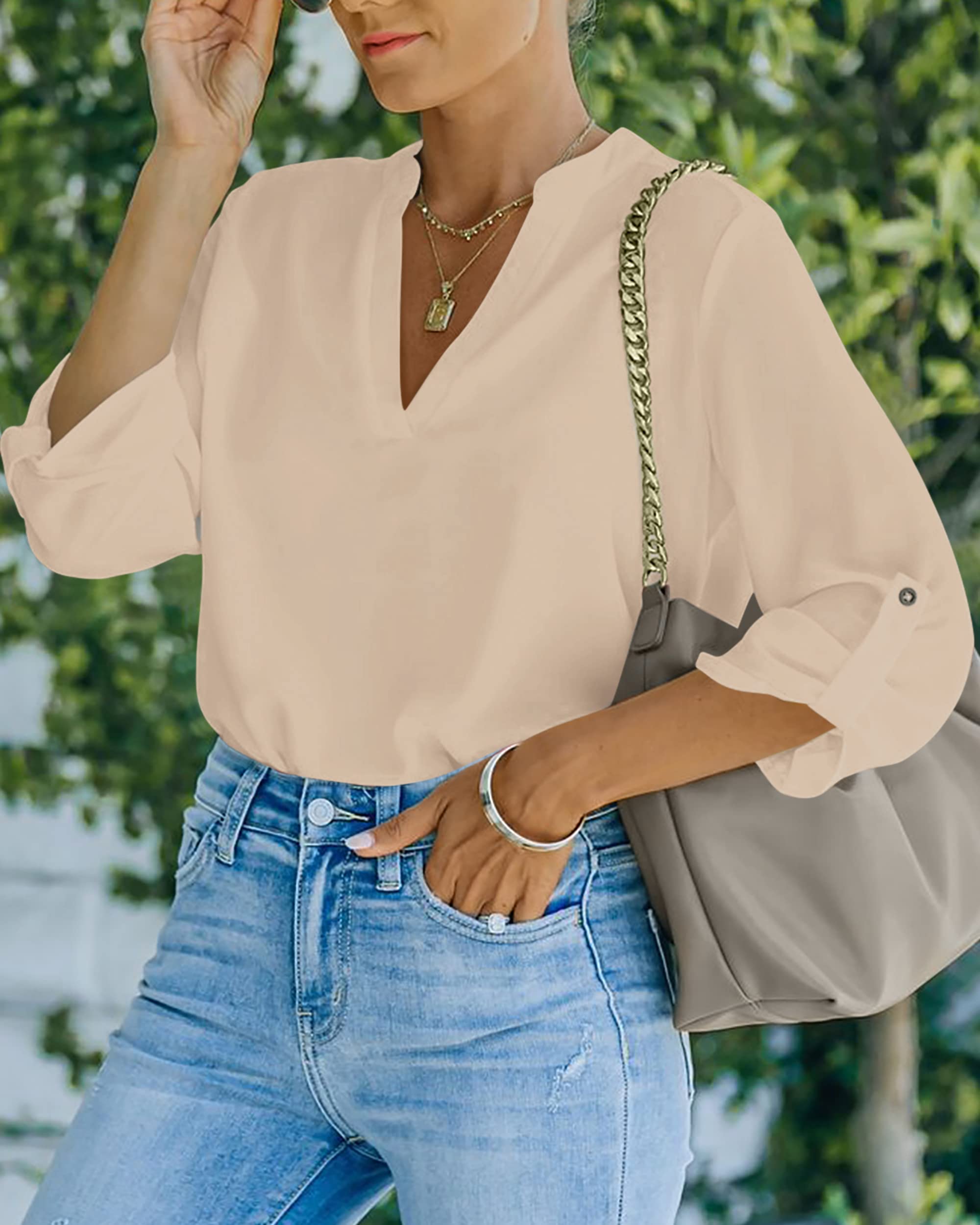 NONSAR Camicetta da donna Henley, elegante, con scollo a V, maniche arrotolabili, in stile casual