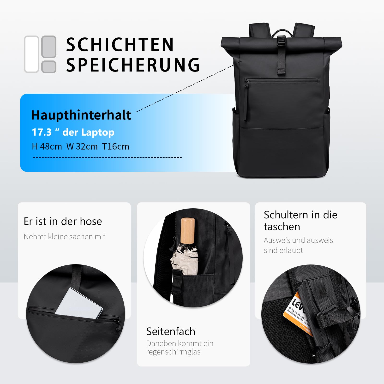 Rolltop Rucksack Damen Herren Großer Laptop Rucksack Wasserdichter mit Computerfach 16 Zoll Rucksäcke Schulrucksack Wasserfester Reiserucksack Handgepäck Flugzeug Arbeit Reisen