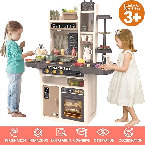 Miniatura 2 de Juego de cocina grande para niños, juego de cocina con sonidos reales de cocina y hervir agua, simulación de rociador y fregadero, juego de