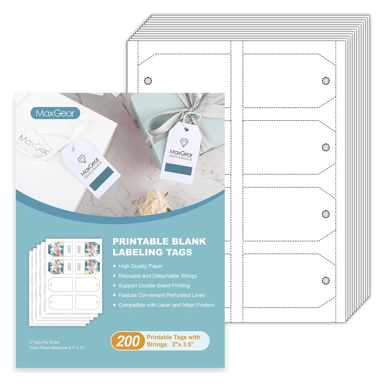 MaxGear 200 Price Tags with String, Gift and Clothing Tags, Hang Tag for Clothes, Jewelry, and Gifts – 2" x 3.5" Printable Paper Tag Paper Labels for Easy Organization and Labeling