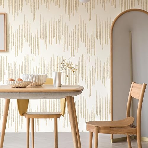 Miniatura 7 de Papel tapiz beige de 17.3 x 120 pulgadas, moderno papel de pared a rayas para despegar y pegar, papel de contacto autoadhesivo extraíble para