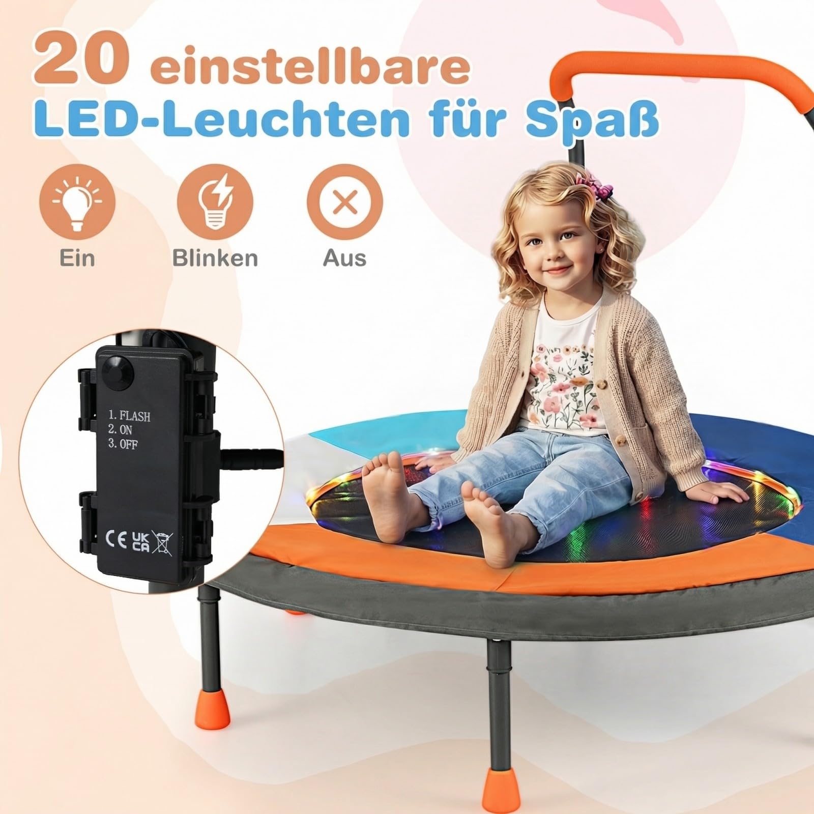 COSTWAY Trampolina dla dzieci o średnicy 90 cm, składana, z oświetleniem LED, z uchwytem i torbą do przenoszenia, mała trampolina ogrodowa, dla dzieci od 3 lat (ciemnoniebieska)