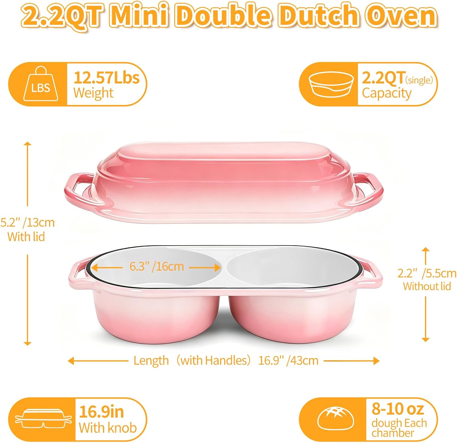 Mini Double Dutch Oven For Sourdough Bread Baking, 2.2QT Enameled Cast Iron Dutch Oven Pot With Lid, Non Stick Dual Round Bread Loaf Pan, 500°F Oven Safe, Sourdough Baking Pan For Homemade Baking