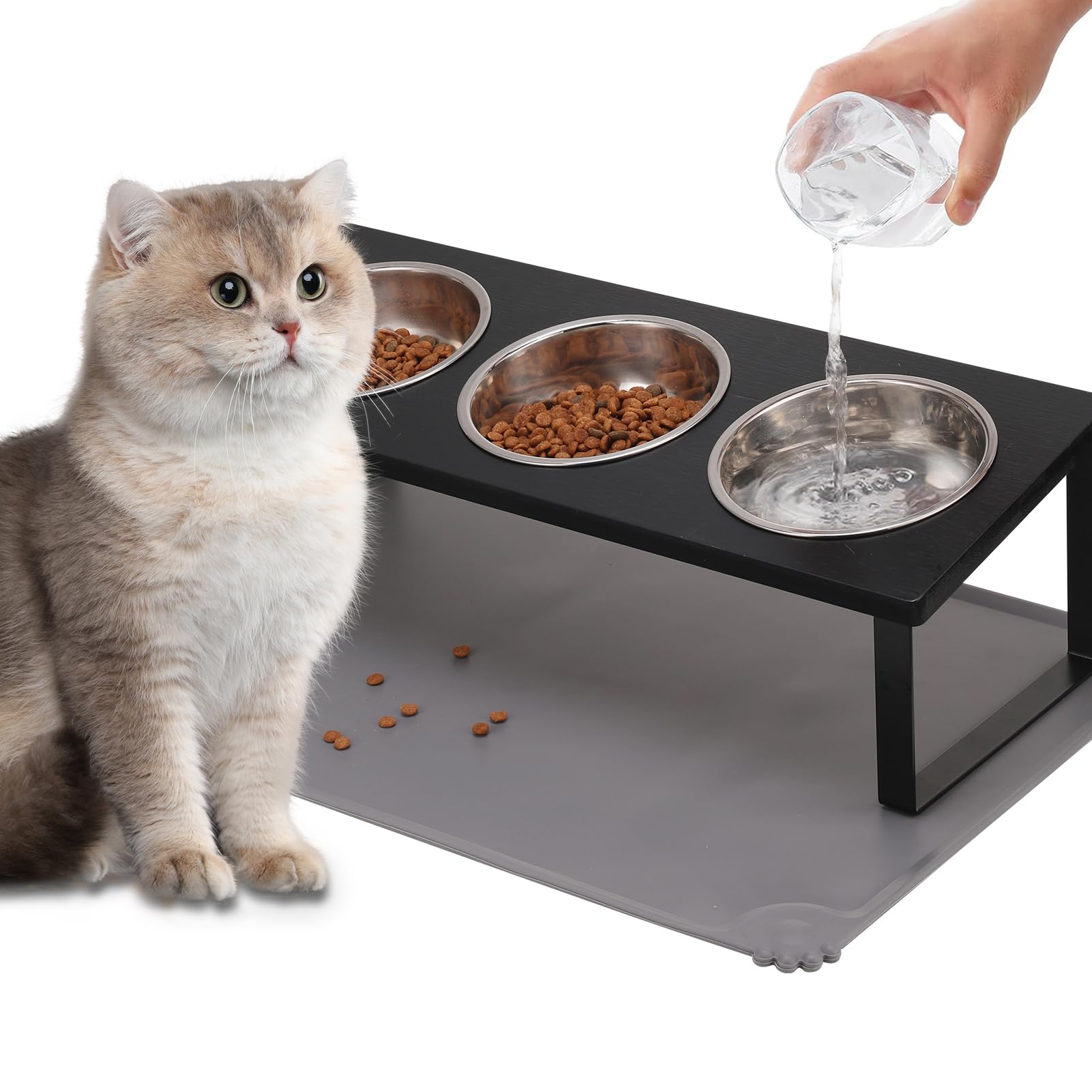 Upgraded Elevated Cat Bowls with Food Mat,15°Tilted Stand Anti Vomiting Raised Cat Dishes for Food and Water,3 Stainless Steel Bowls for Cats and Puppy（Black）