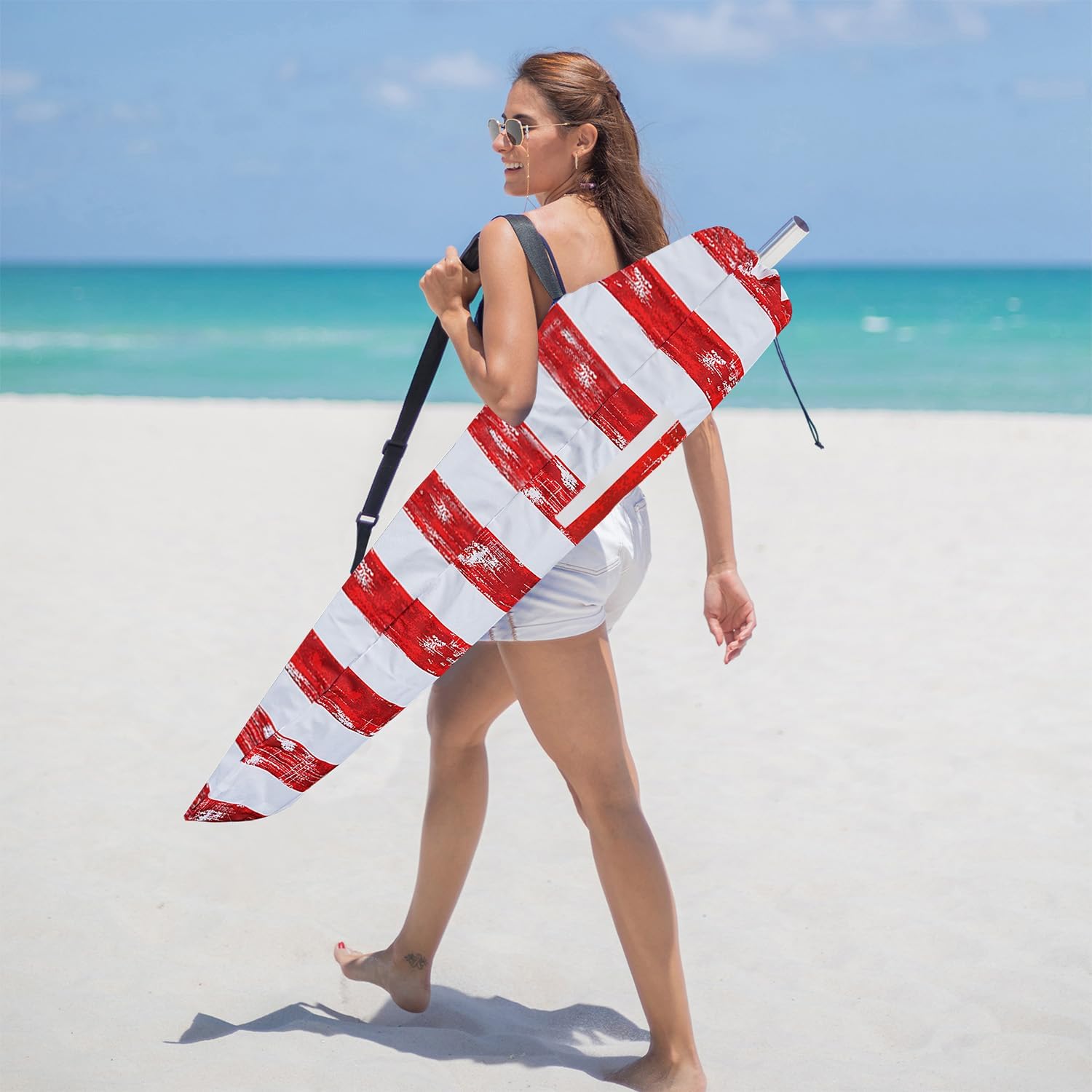 AMMSUN 7.5ft Heavy Duty HIGH Wind Beach Umbrella Commercial Grade Patio Beach Umbrella with Air Vent Ash Wood Pole & Carry Bag UPF 50+ Protection American flag