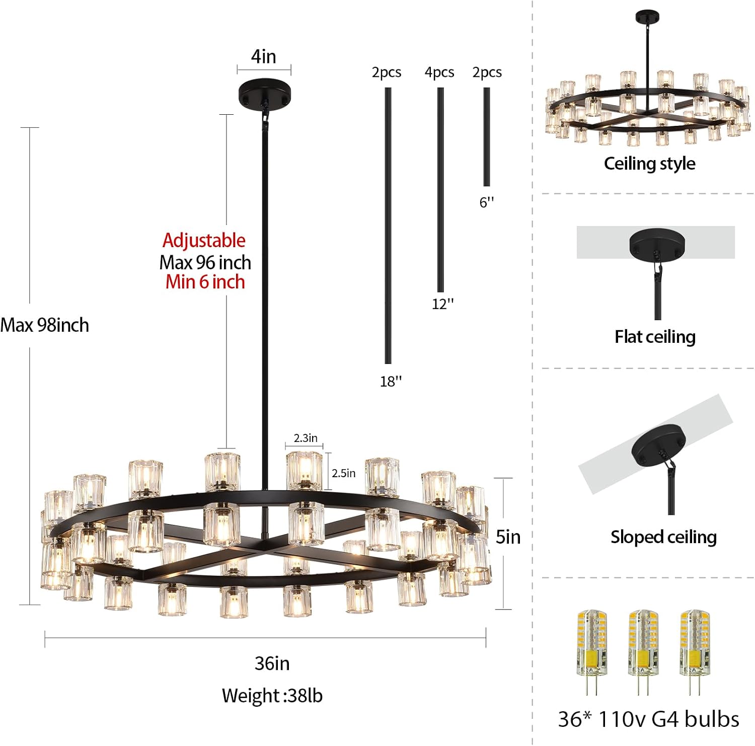 36" K9 Crystal Chandeliers, Round Black Chandeliers for Dining Room, Living Room, Dining Room Chandelier Over Table, Chandelier for Bedroom Foyer Bathroom Includes Bulbs