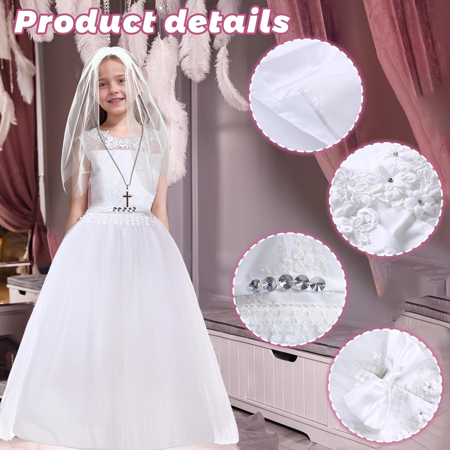 3Pcs First Communion Veils Lady First Communion Dress for Easter Costume Wedding Party Dresses Set