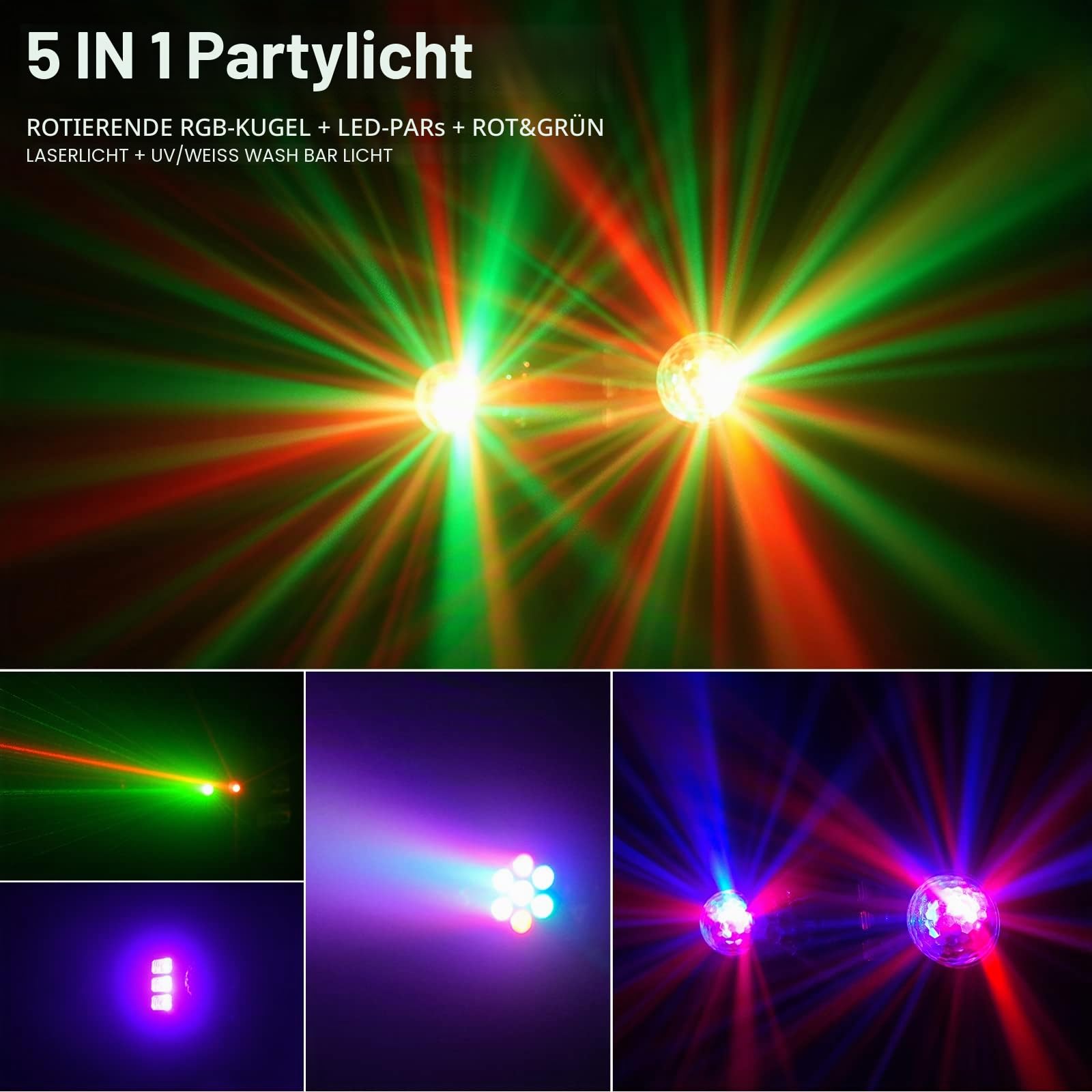 U`King Discolicht Partylicht mit Stativ und Fernbedienung, 5 in 1 DJ Discolicht Rotierende Kugeln/UV/Stroboskope/bunte LED Par Lichter//Gobos für Urlaub Party Kinder Geburtstag Lichteffekte Weihnach