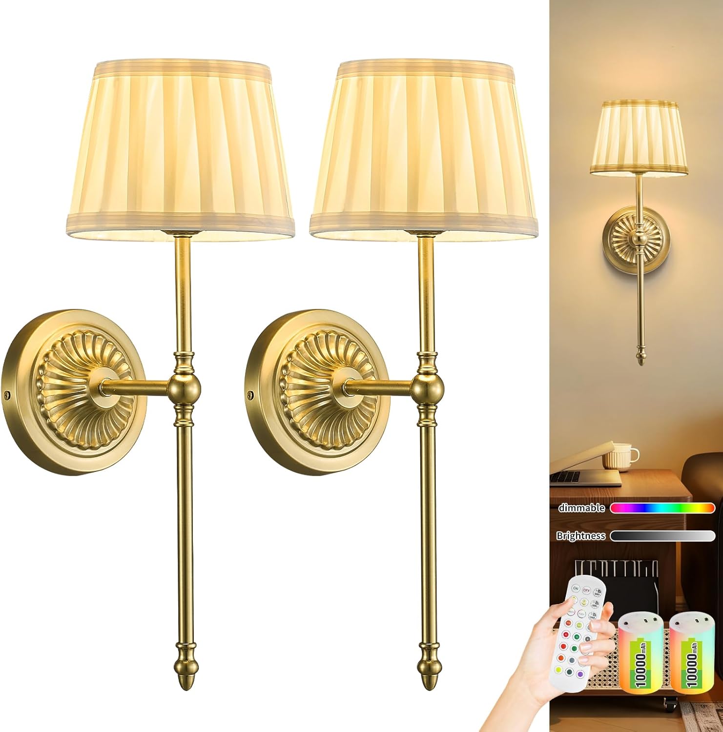 Cordless Wall Sconces Set of 2,10000mAh Small Wireless Battery Operated Wall Sconces Set of Two with RGB LED, Remote, Timer & Dimmable Fabric Gold Wall Lamps for Bedroom, Living Room, Hallway (Gold)