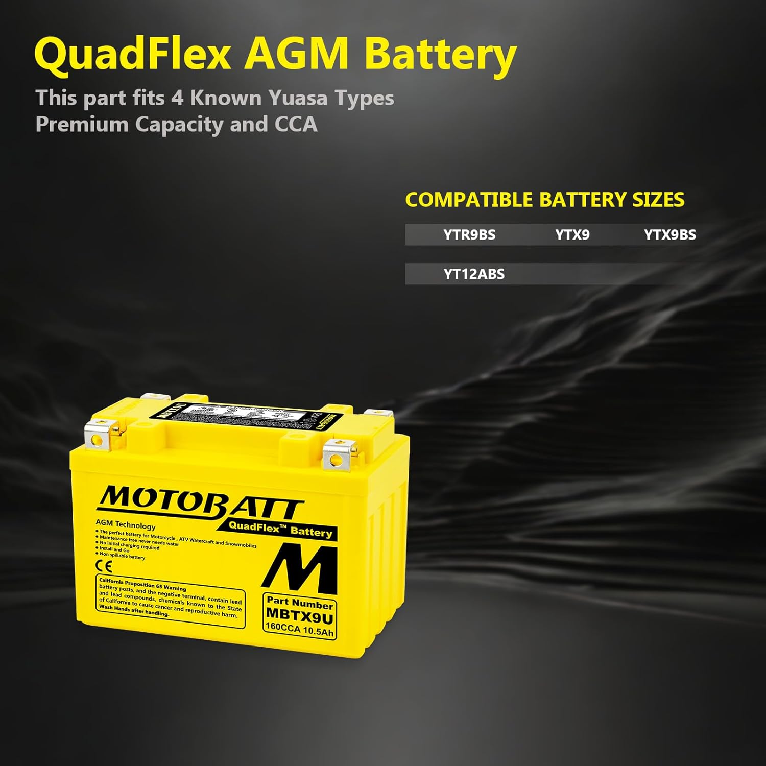 MotoBatt MBTX9U Battery 12V 10.5A 160CCA Factory Activated Quadflex AGM Battery Replaces -YTX9-BS, YT12A-BS, YTZ12S, YTZ14S, ETX9