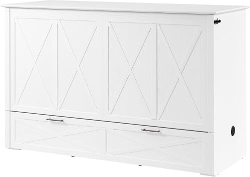 Bestar Queen Murphy Cabinet Bed with Pullout Drawer, White, Key West, 65W