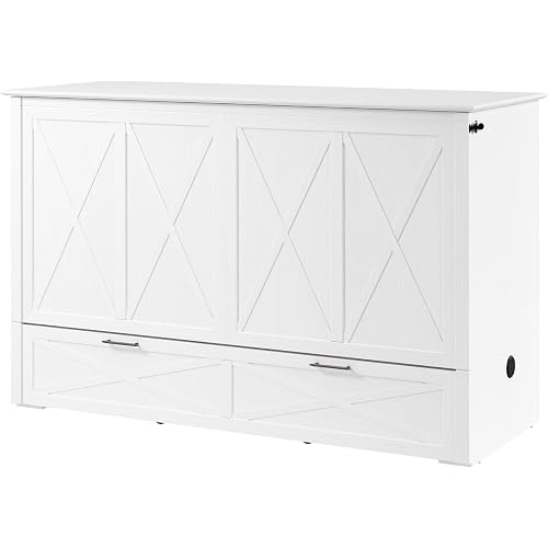 Bestar Queen Murphy Cabinet Bed with Pullout Drawer, White, Key West, 65W