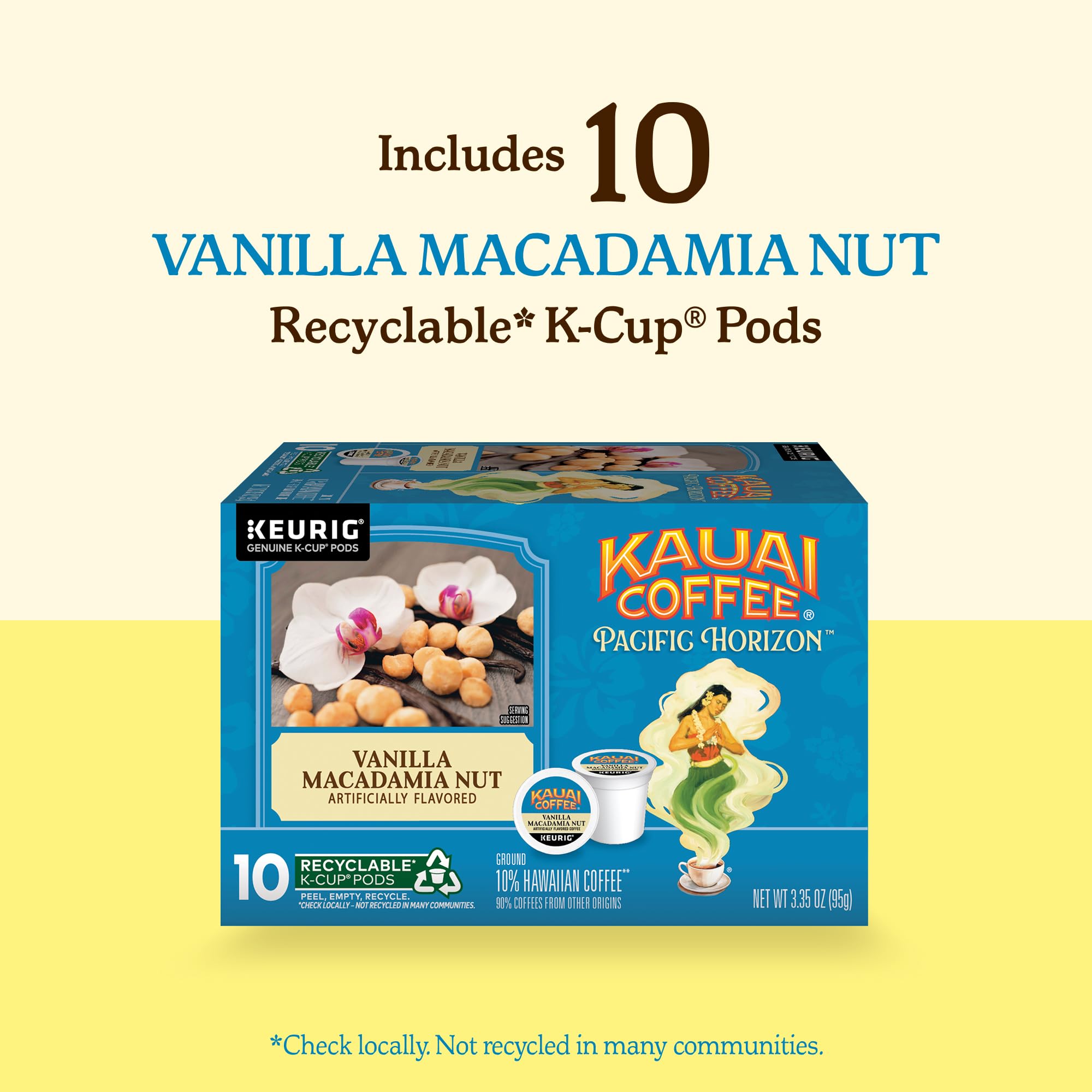 Kauai Coffee K-Cup Pods - Vainilla Macadamia Nut, 10 cápsulas K-Cup | Tostado medio, café arábica, 10 % hawaiano, para cafeteras Keurig, porción única, granos de vainilla con nueces de macadamia