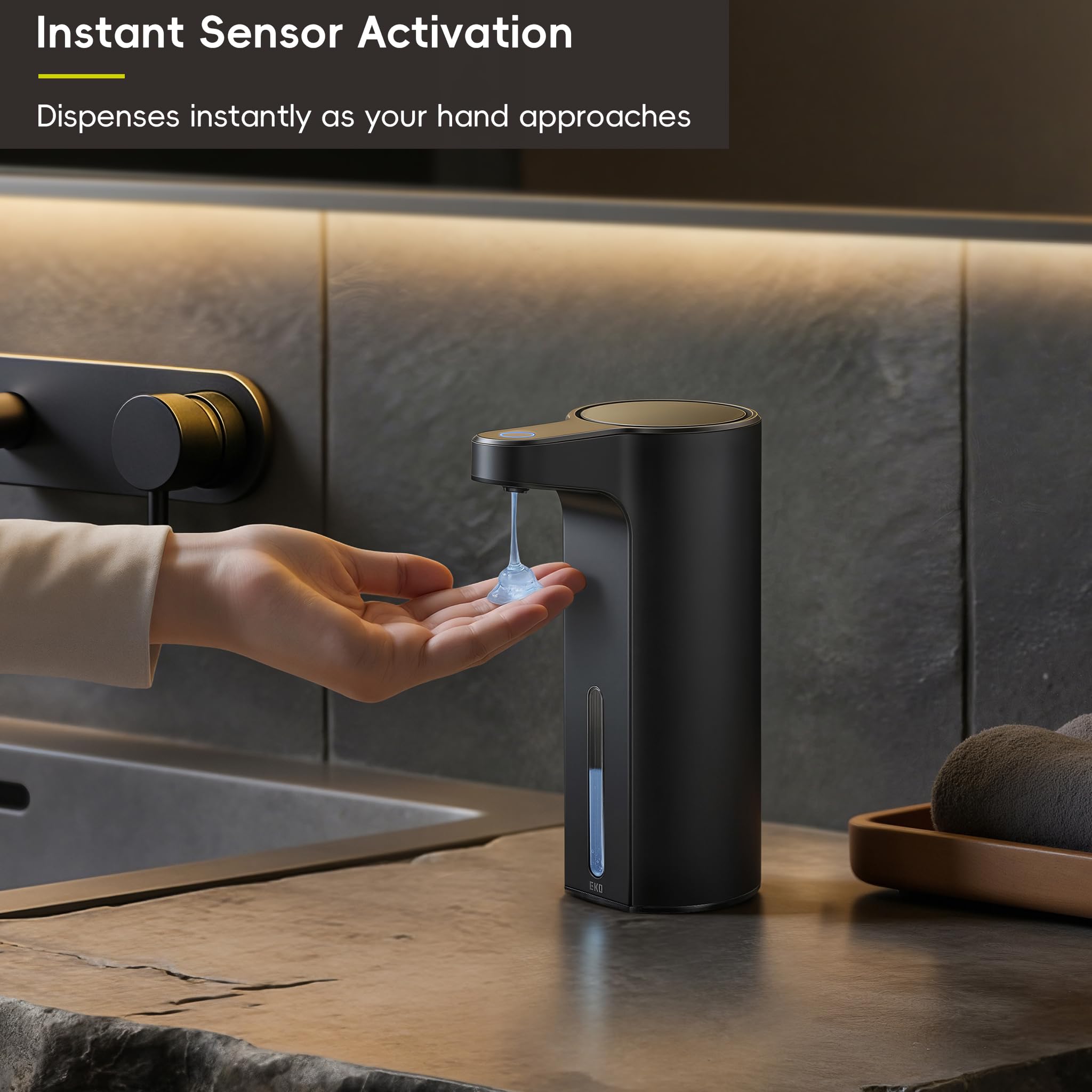 EKO Aroma - Dispensador automático de jabón líquido, Recargable y Resistente al Agua para Cocina y baño con Control de Volumen Ajustable (Acero Negro Mate)