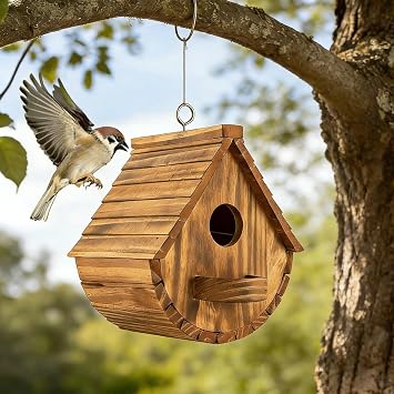 Outdoor Bird House, Garden Bird Nesting Box for Wild Birds - Natural Wood Bird Feeders Hanging Station for Small Birds Robin Bluebirds, Finches & Cardinals, Garden Birdhouse Decorations