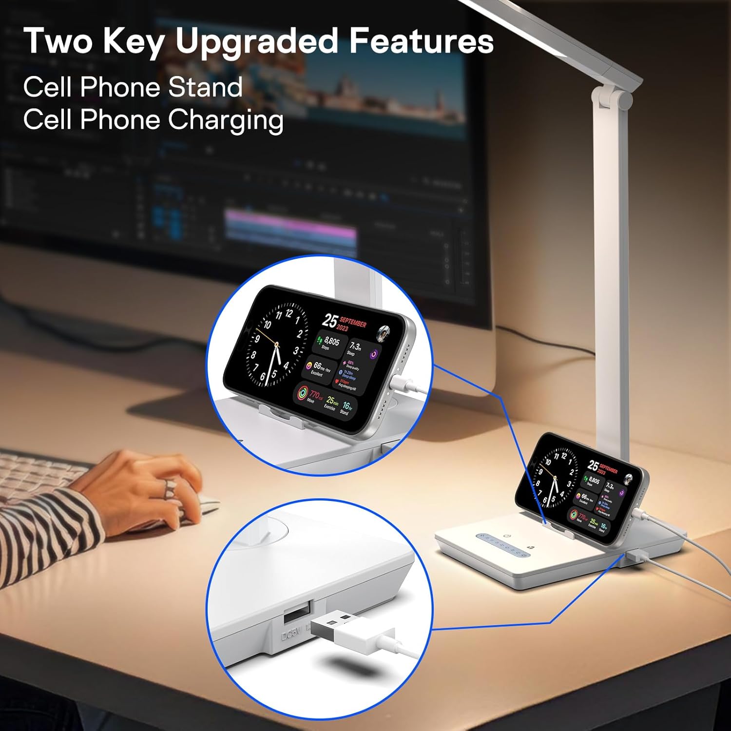 UK Plug Adapter Desk Lamp for 9 Level Brightness Touch Control & 5 Lighting Modes, 14W 900LM Dimmable Eye-Caring Reading LED Desk Light with USB Charging Port, Dimmable Home Office Desk Light