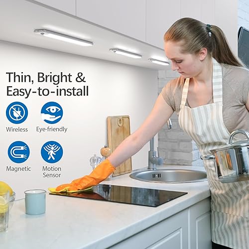 Miniatura 7 de 30 luces LED con sensor de movimiento para debajo del gabinete, luces magnéticas recargables de 8 pulgadas, barra de luz nocturna inalámbrica,