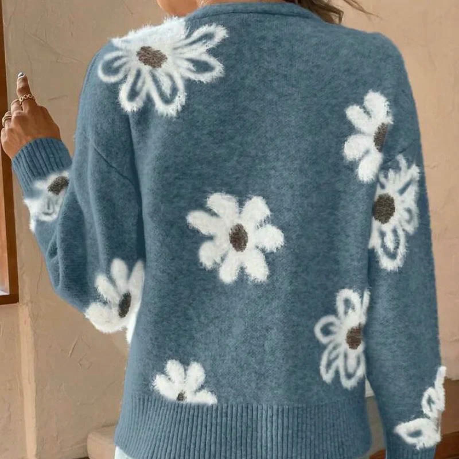Maglione Donna Cardigan Floreale da Aperto sul Davanti A Maniche Lunghe Abbottonato Lavorato Maglia Capispalla-Blu-s