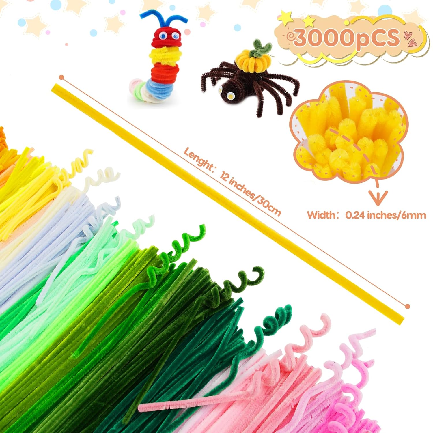 3000 PCS Pipe Cleaners, Pipe Cleaners Bulk 50 Colors, Chenille Stems for Flowers DIY Art Creative Crafts Decorations Colorful Thick Pipe Cleaners Craft Supplies for Christmas Halloween Birthday Gift